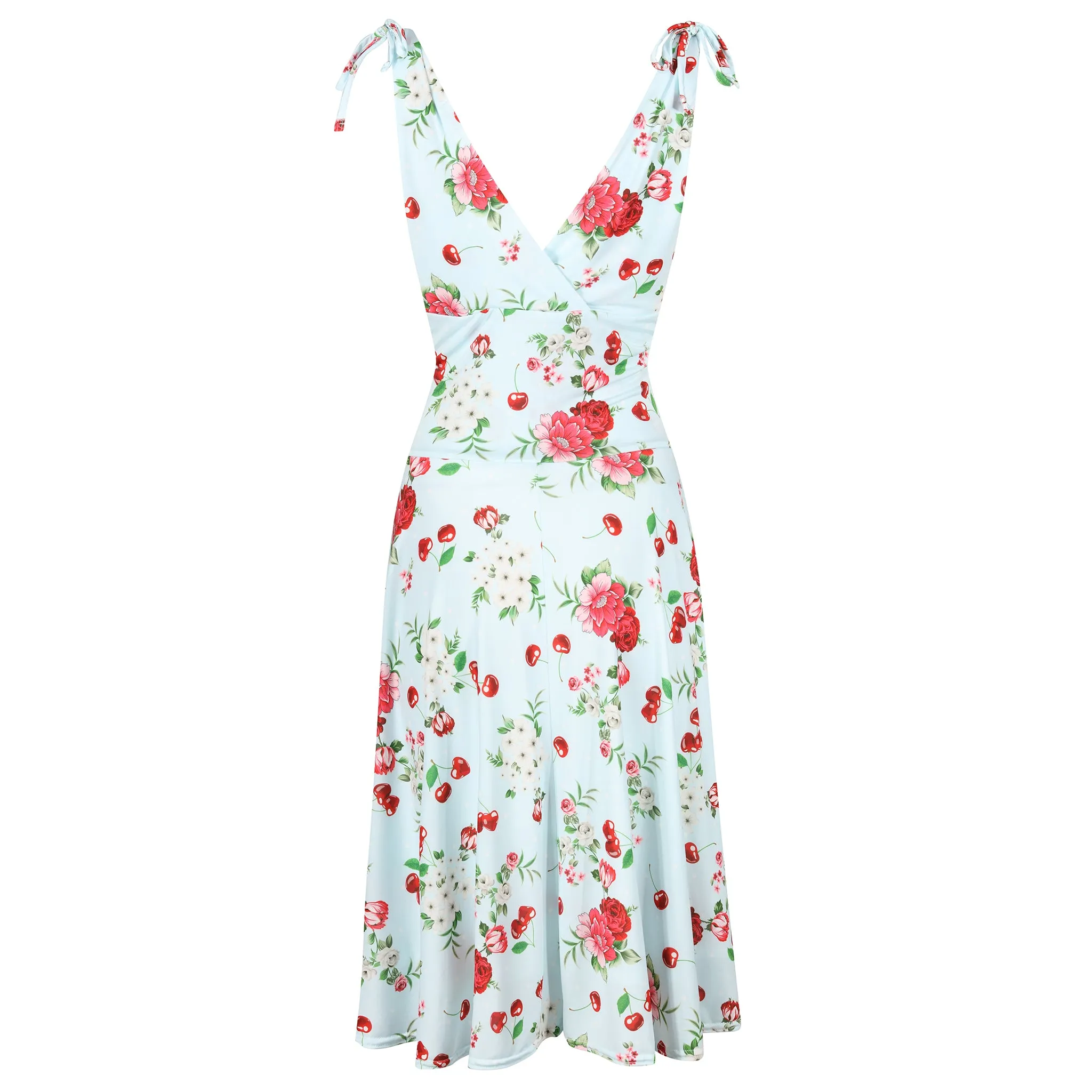 Light Blue Floral Cherry Print V Neck Tie Shoulder 50s Swing Dress