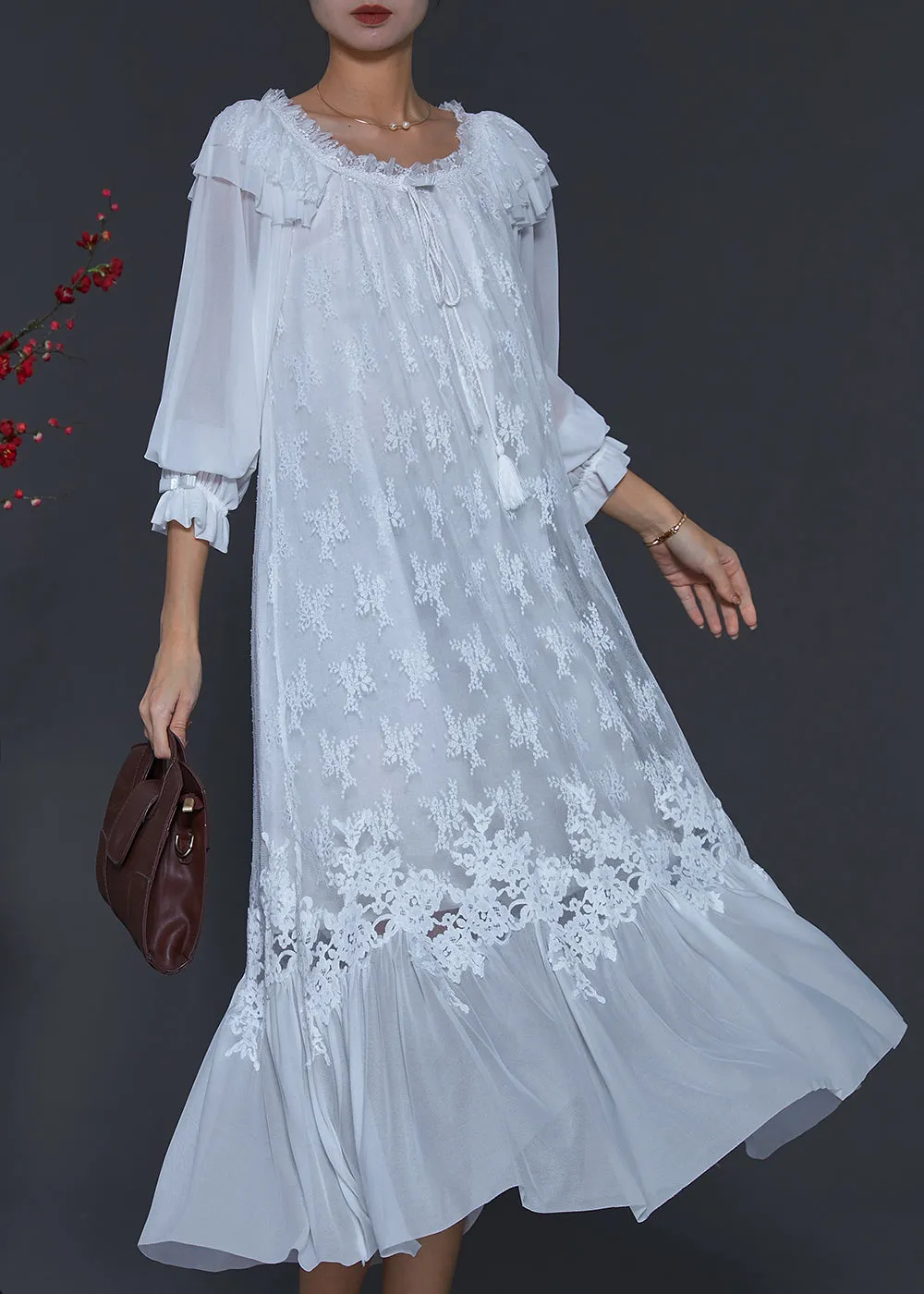 Elegant White Lace Dresses with Embroidered Patchwork for Spring