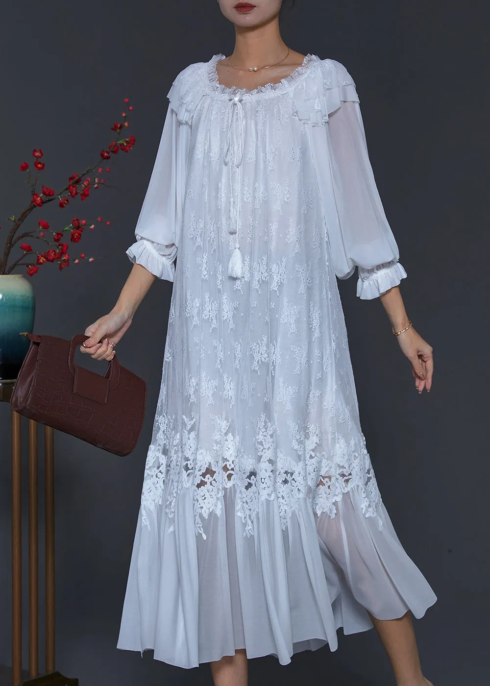 Elegant White Lace Dresses with Embroidered Patchwork for Spring