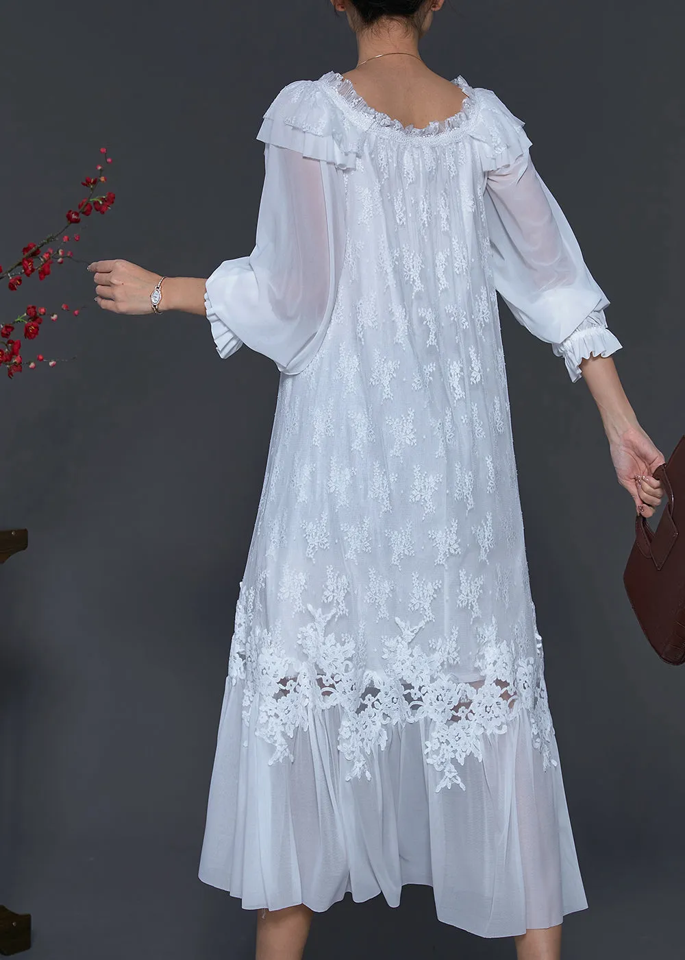 Elegant White Lace Dresses with Embroidered Patchwork for Spring