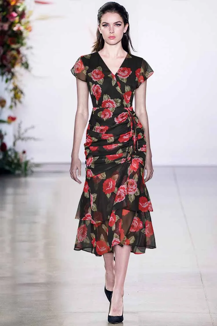 Ruffled Rose Floral Willa V-Neck Dress