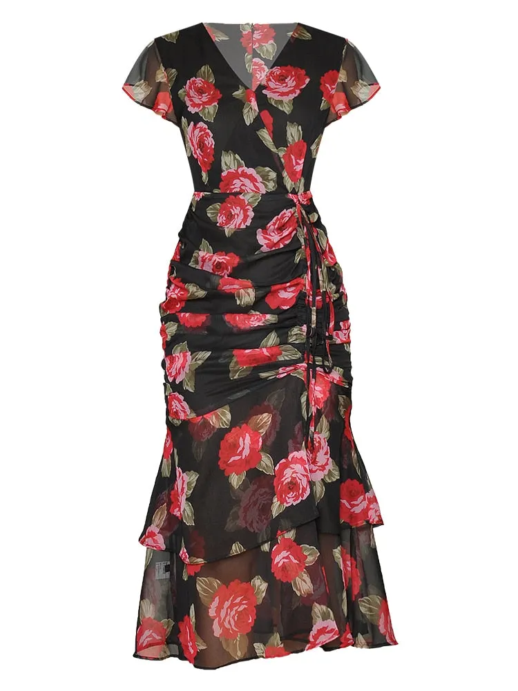 Ruffled Rose Floral Willa V-Neck Dress