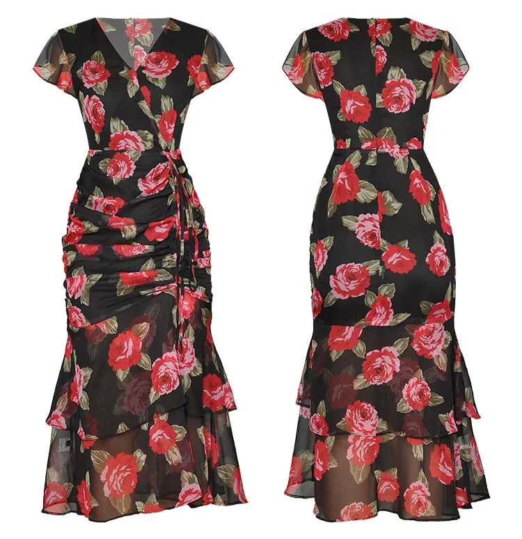 Ruffled Rose Floral Willa V-Neck Dress