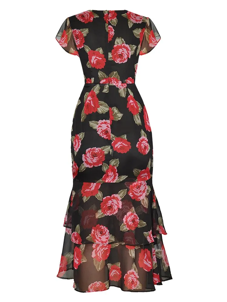 Ruffled Rose Floral Willa V-Neck Dress