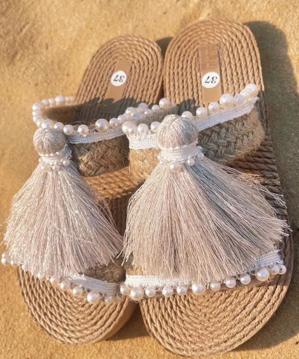 Ethnic Grass Woven Beach Flat Slide Sandals with Tassel