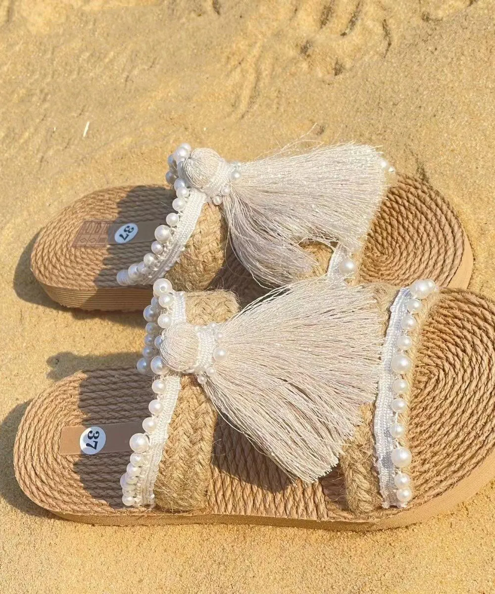 Ethnic Grass Woven Beach Flat Slide Sandals with Tassel