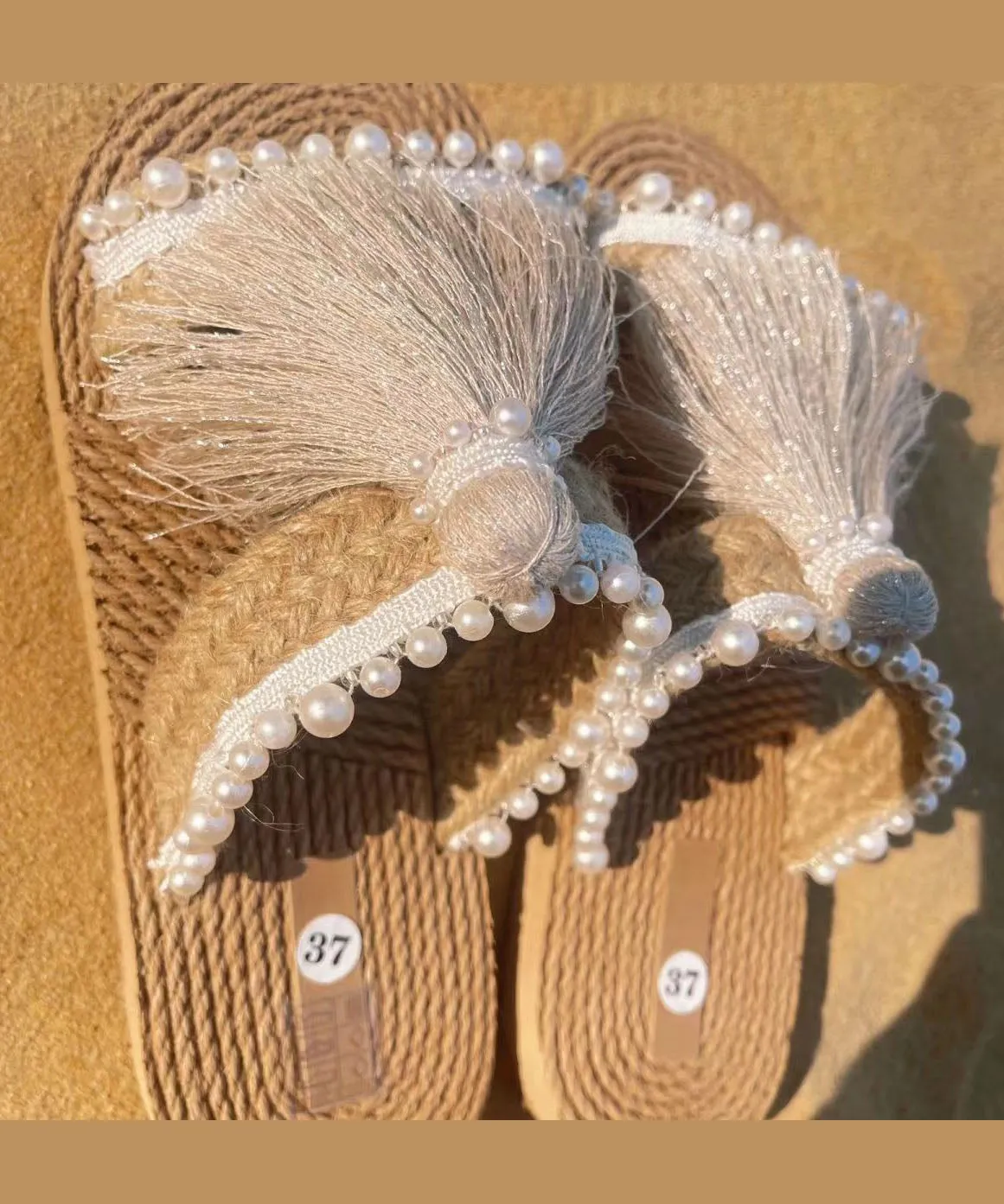 Ethnic Grass Woven Beach Flat Slide Sandals with Tassel