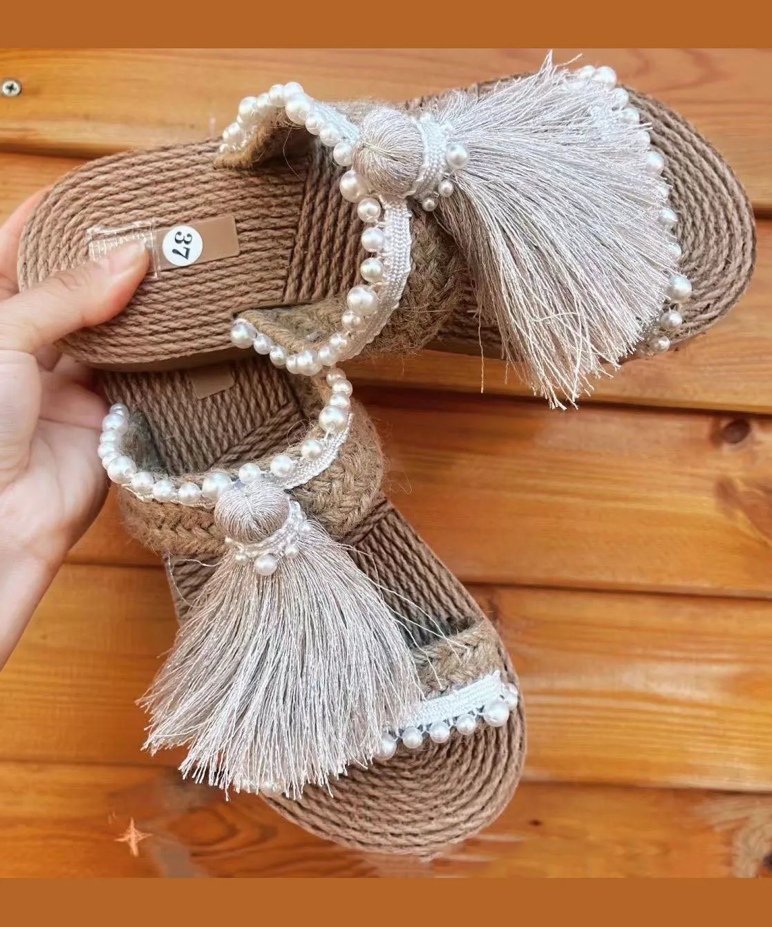 Ethnic Grass Woven Beach Flat Slide Sandals with Tassel