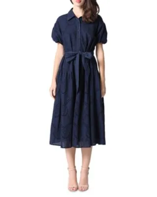 Eyelet Cotton Tie Waist Midi Dress