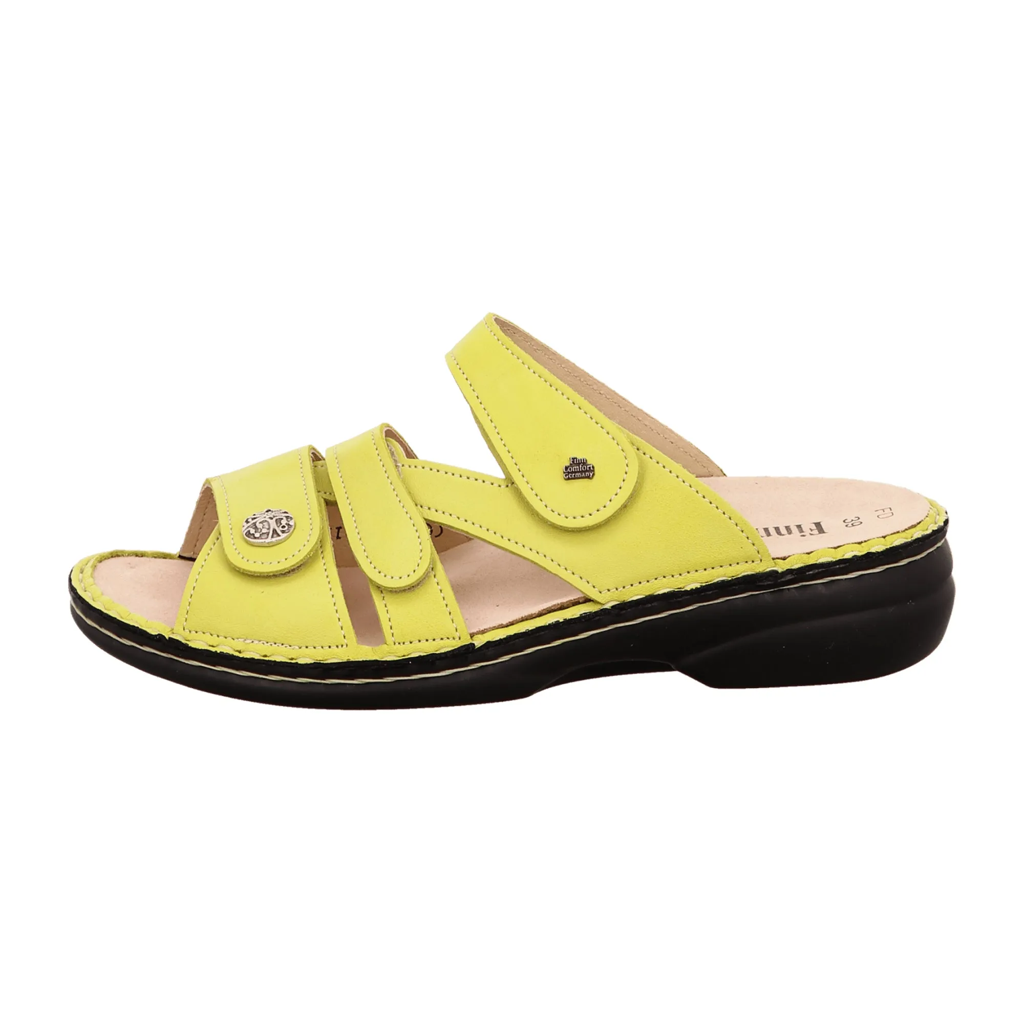 Finn Comfort Ventura-Soft Women's Slide Sandals Lime Green Leather Handmade Details Soft Footbed