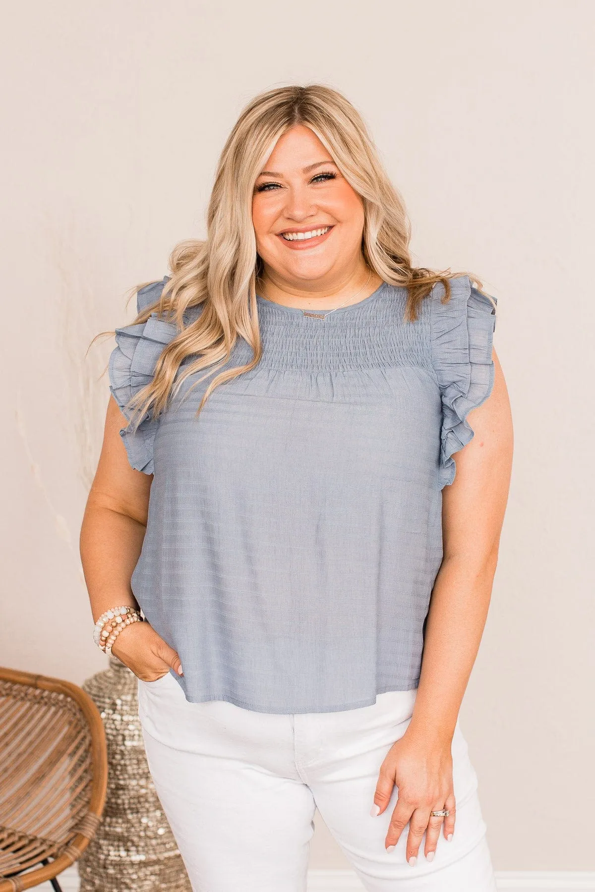 Dusty Blue Flutter Sleeve Blouse