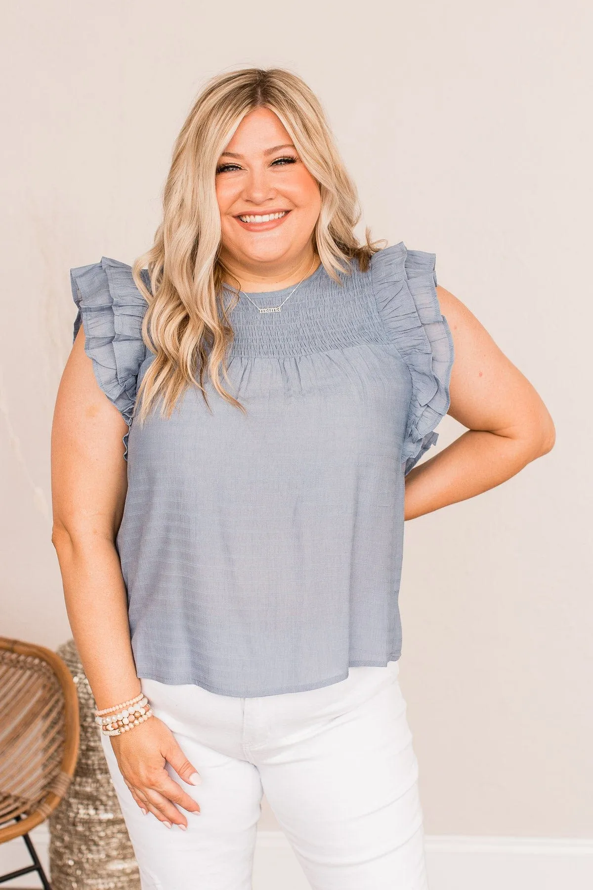 Dusty Blue Flutter Sleeve Blouse