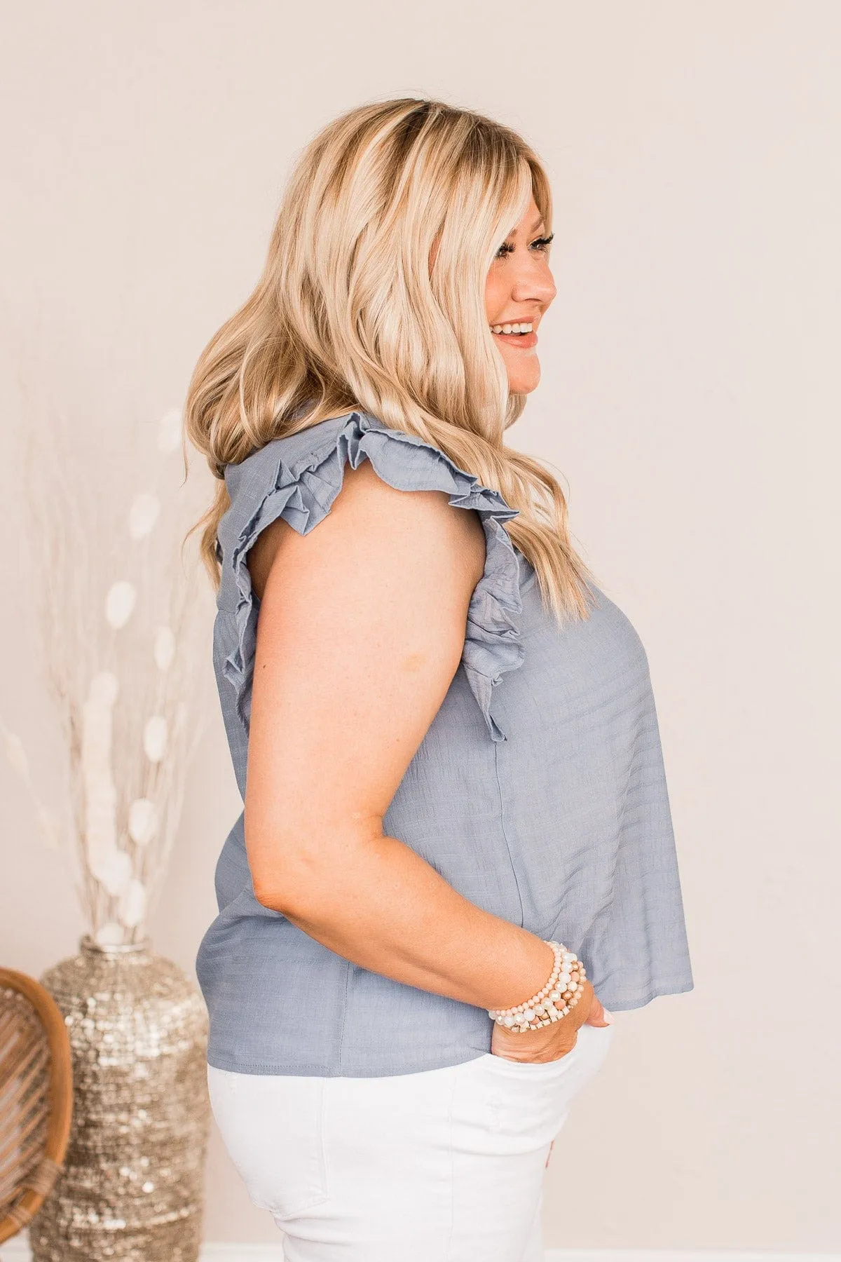 Dusty Blue Flutter Sleeve Blouse