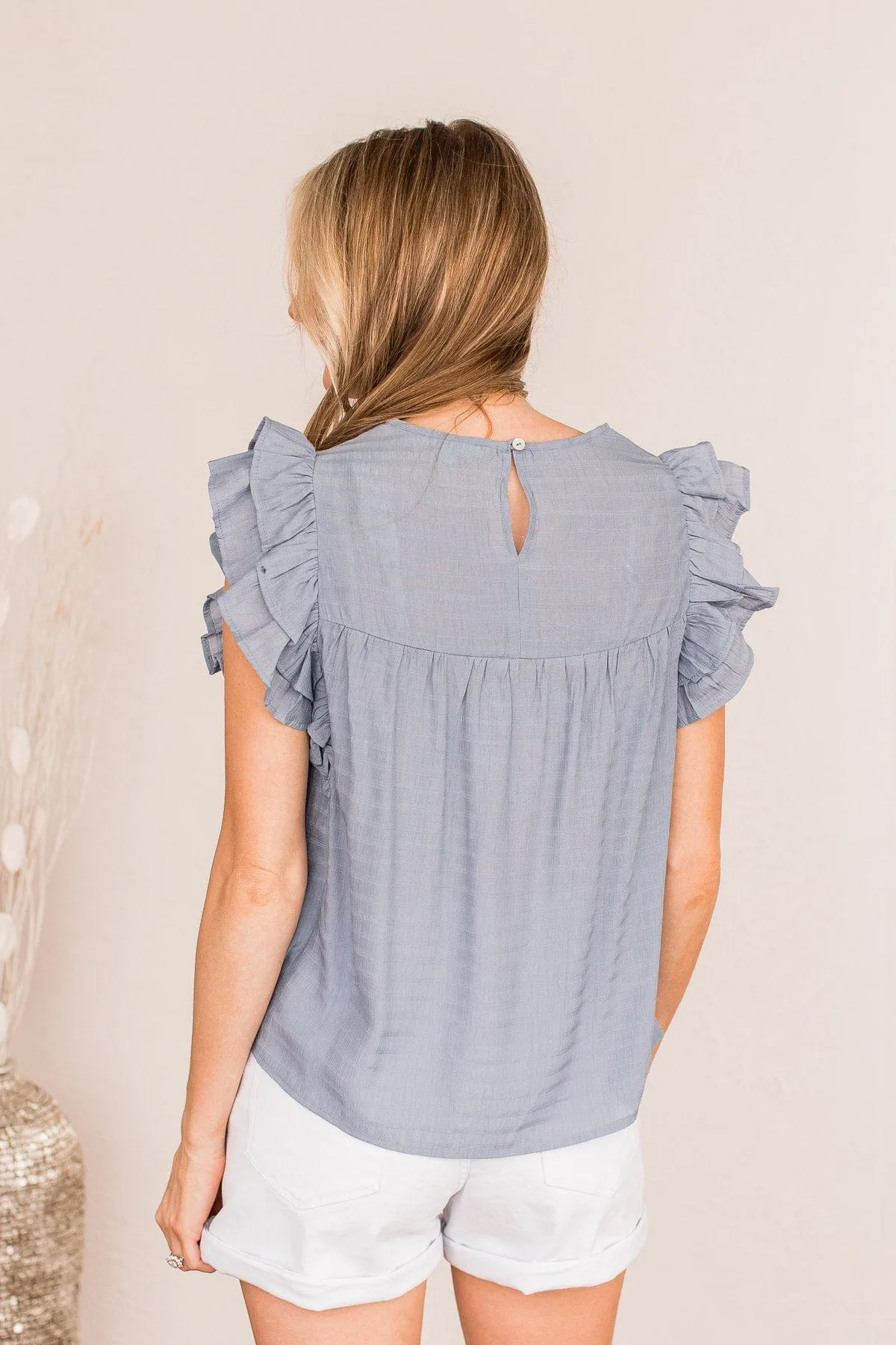 Dusty Blue Flutter Sleeve Blouse