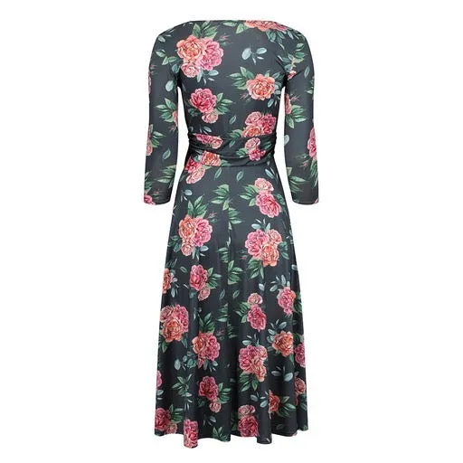 Vintage Forest Green Pink Floral Crossover Dress