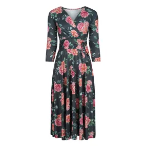 Vintage Forest Green Pink Floral Crossover Dress