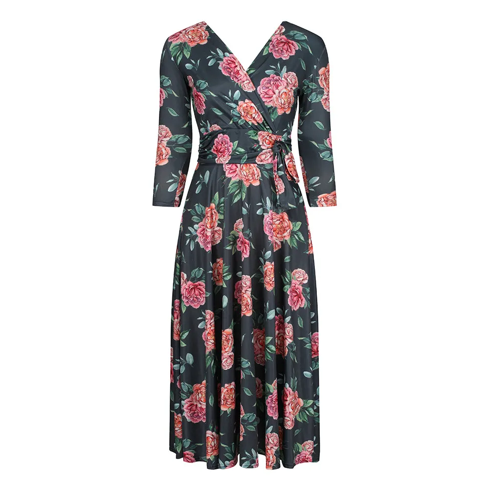 Vintage Forest Green Pink Floral Crossover Dress