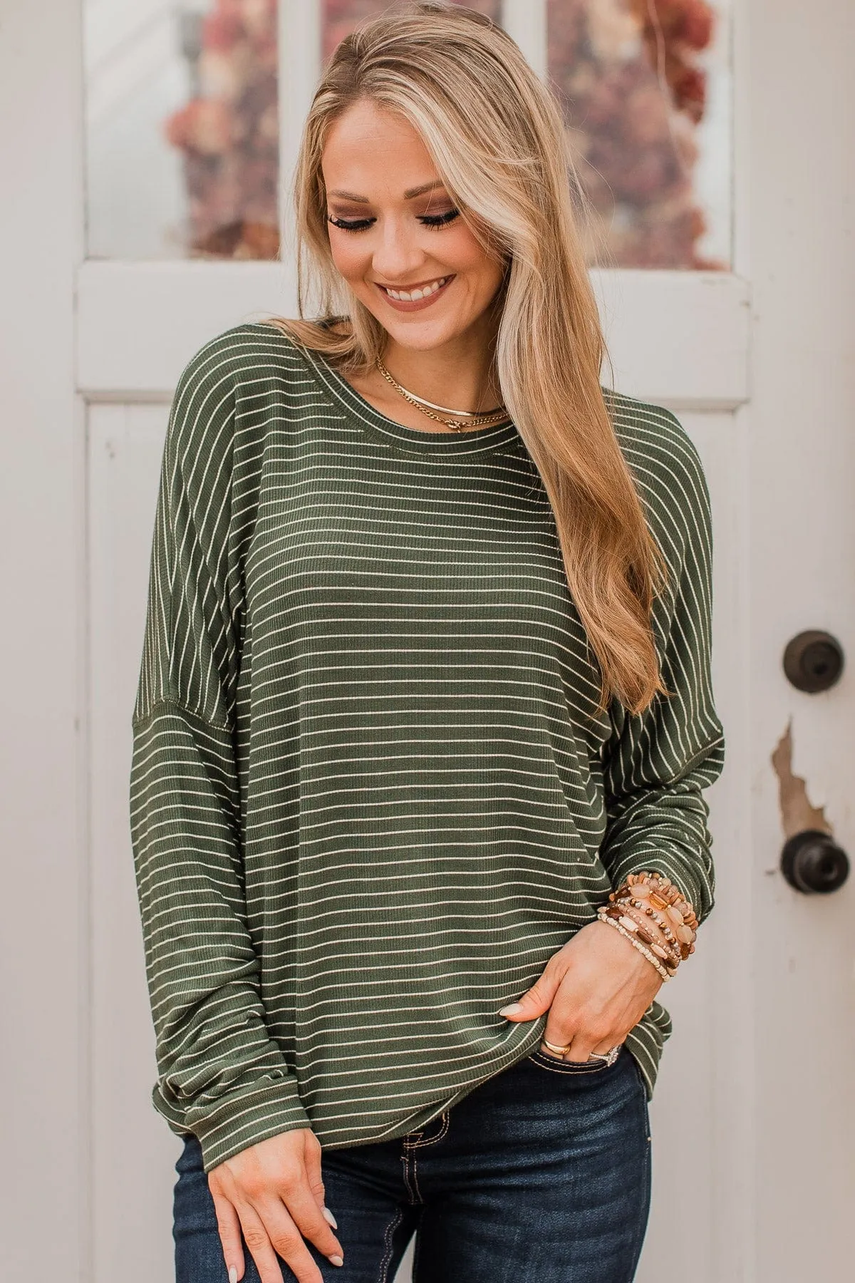 Forest Green Striped Pullover Top