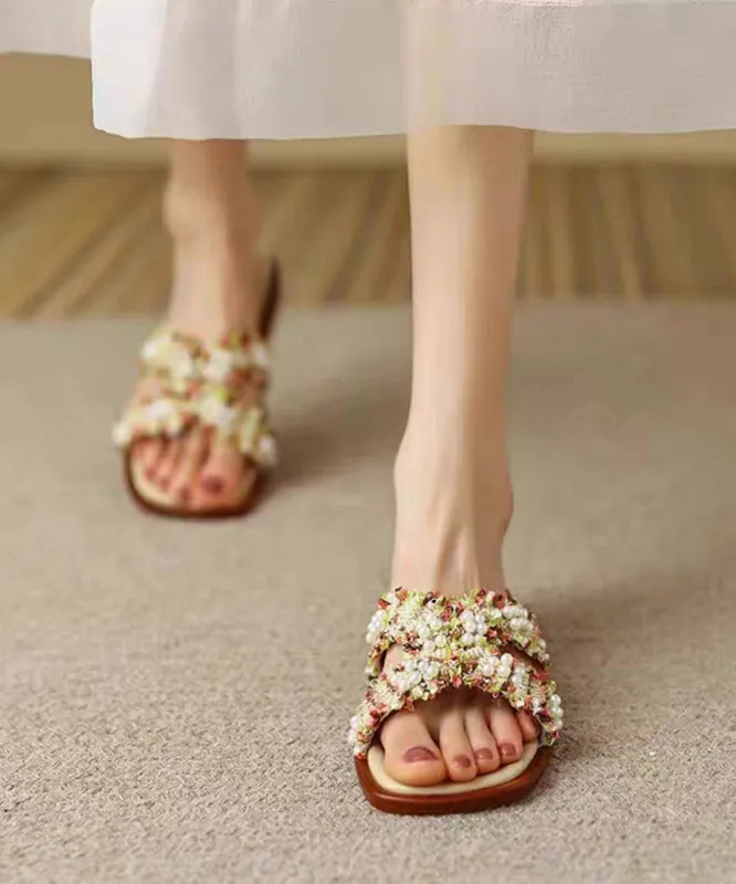 French Apricot Cowhide Leather Slide Sandals with Nail Bead Detail