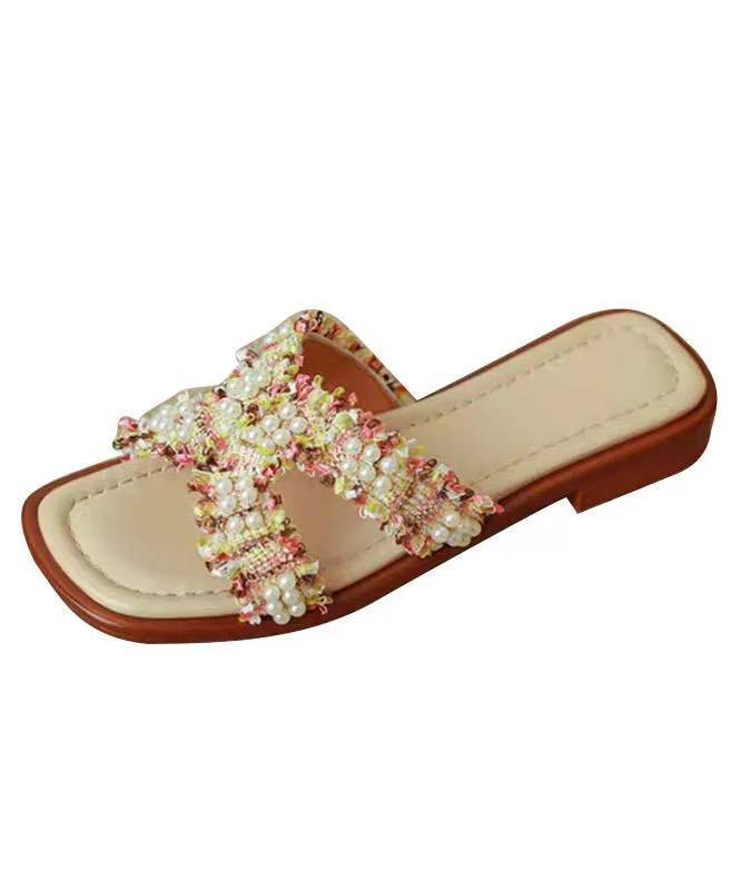 French Apricot Cowhide Leather Slide Sandals with Nail Bead Detail