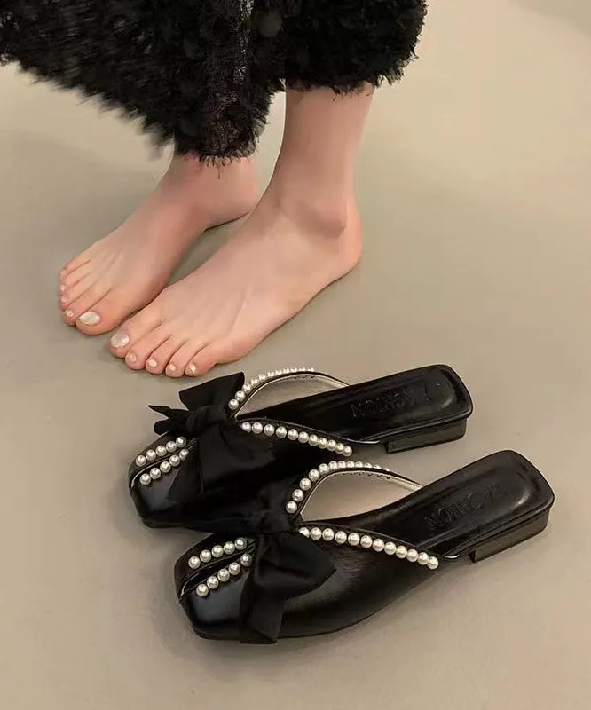 French Black Bow Nail Bead Slide Sandals