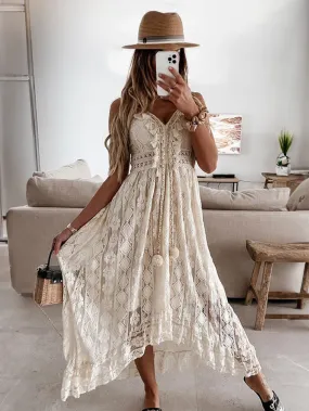 Off-The-Shoulder Sleeveless Lace Dress with Fringed Shoulders