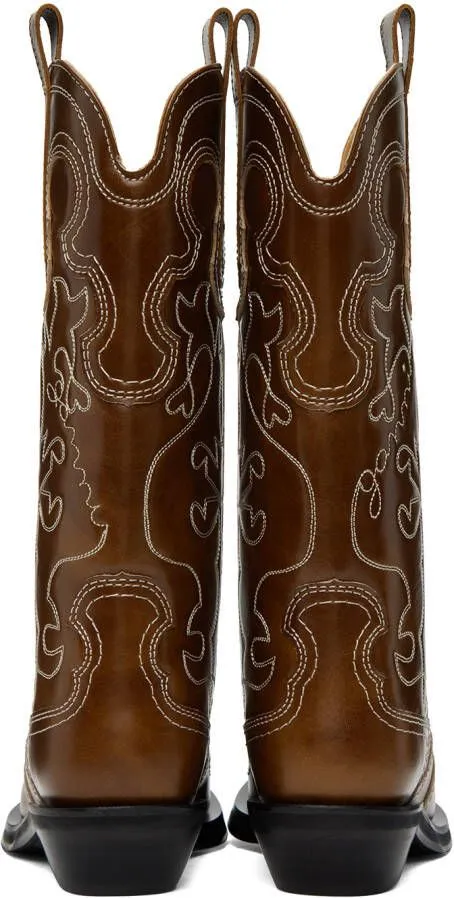 GANNI Brown Embroidered Western Boots