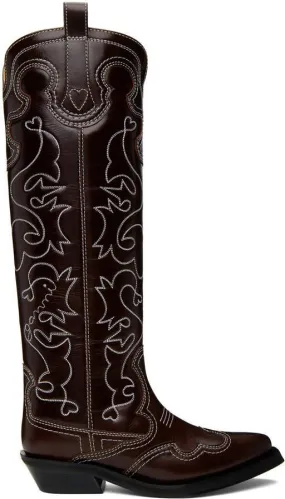 GANNI Burgundy Embroidered Western Boots