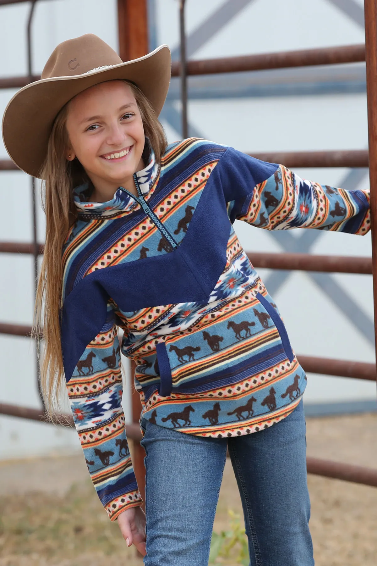 Cinch Girls Aztec Navy 1/4 Zip Horse Print Pullover