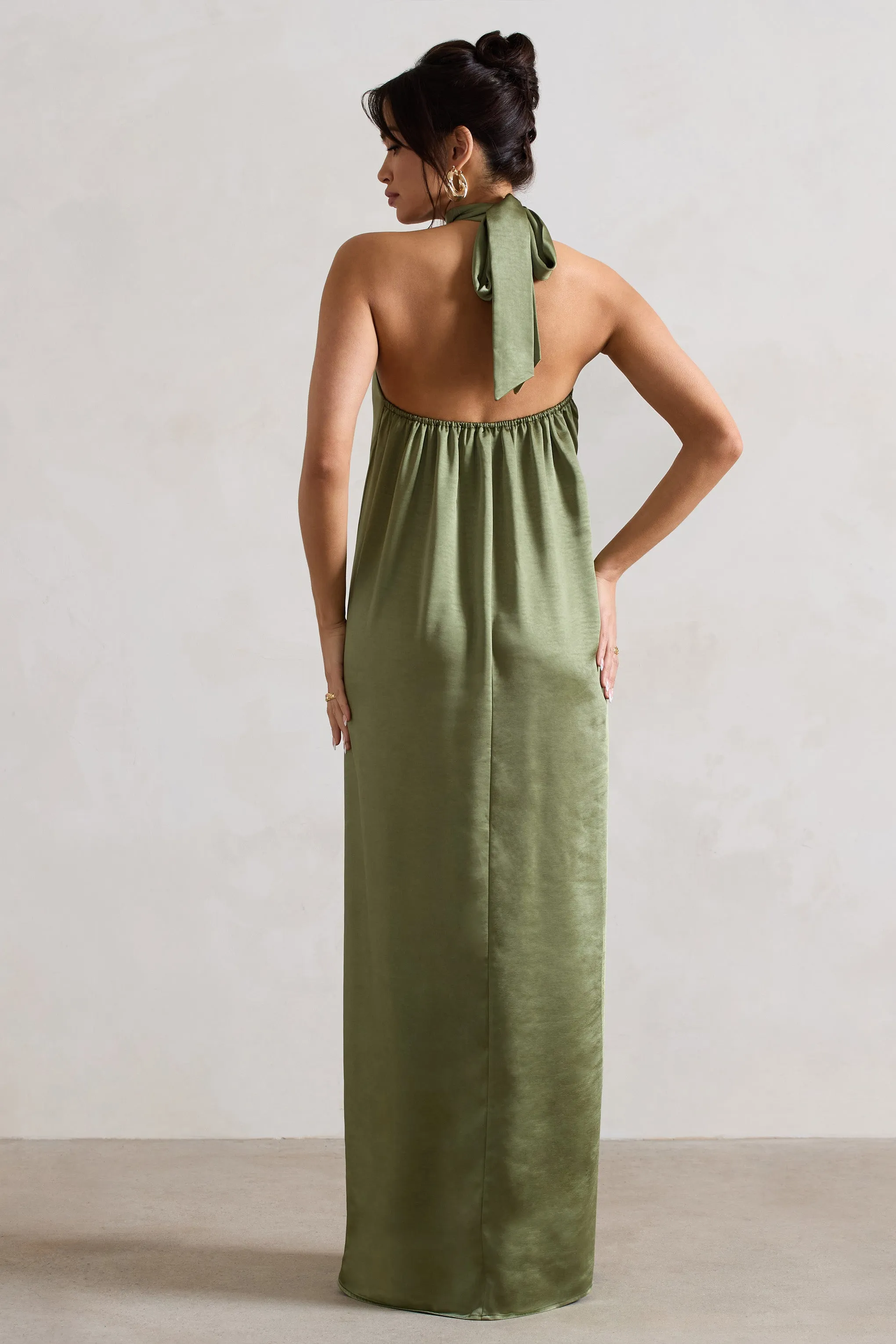 Olive Green Satin High-Neck Maxi Dress