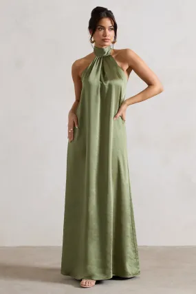 Olive Green Satin High-Neck Maxi Dress