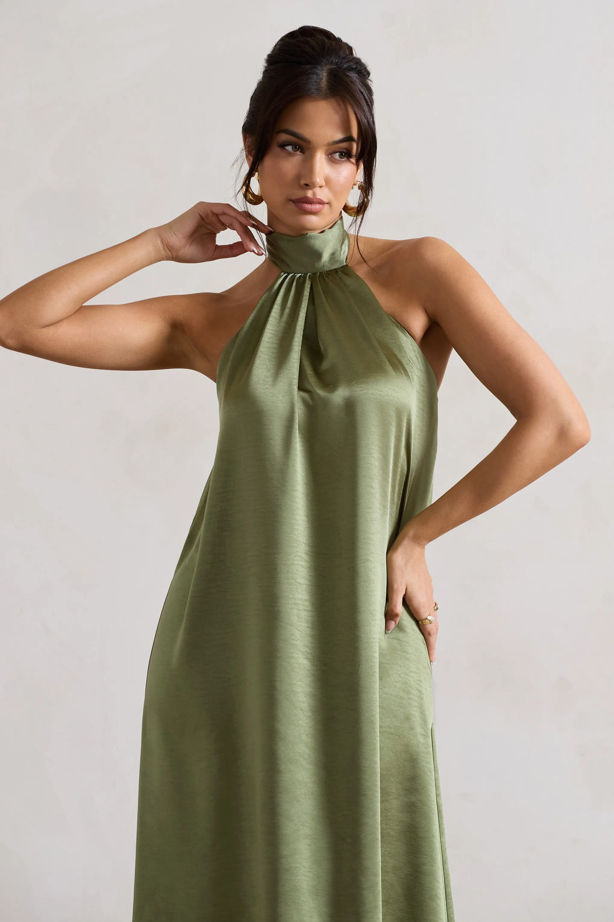 Olive Green Satin High-Neck Maxi Dress