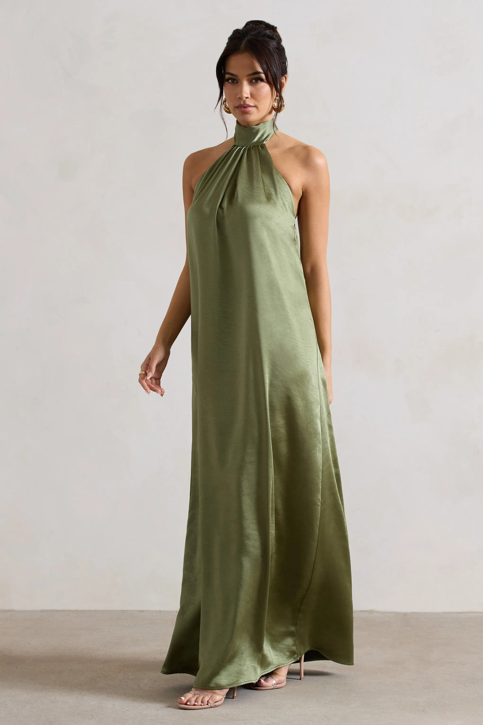 Olive Green Satin High-Neck Maxi Dress