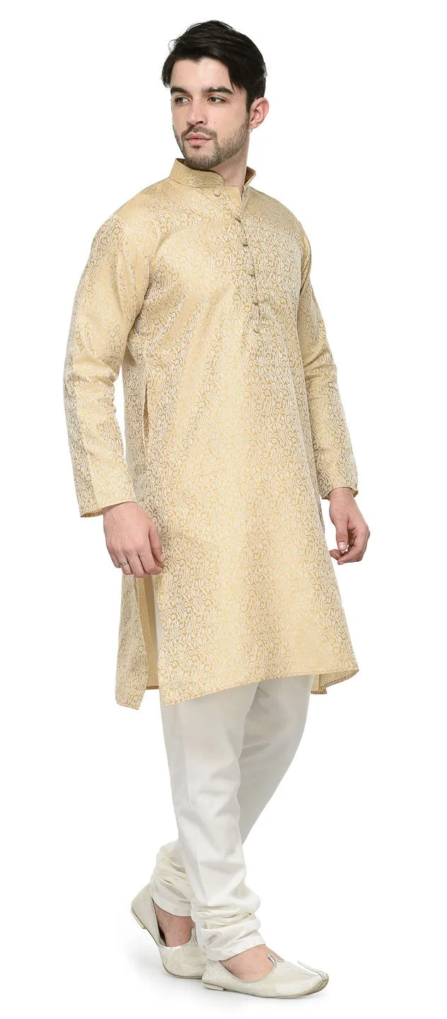 Men's Jacquard Silk Kurta Pajama India Clothing Golden