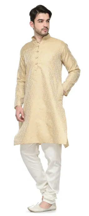 Men's Jacquard Silk Kurta Pajama India Clothing Golden