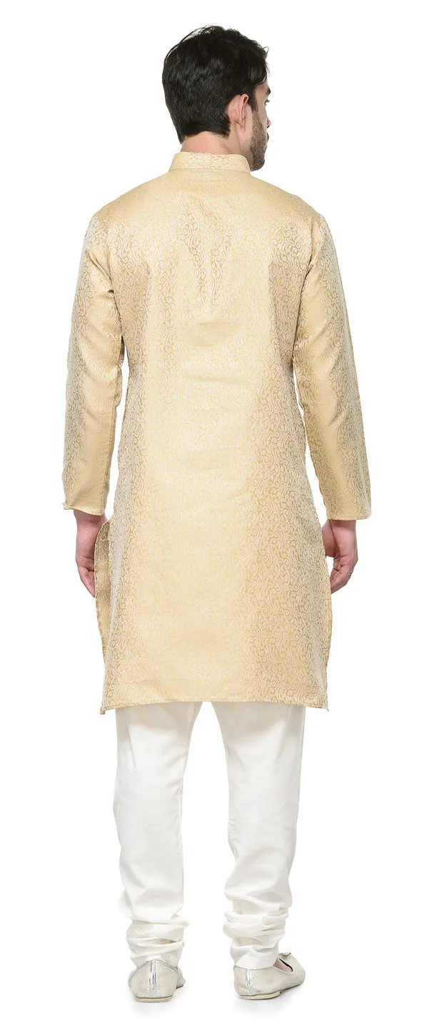 Men's Jacquard Silk Kurta Pajama India Clothing Golden