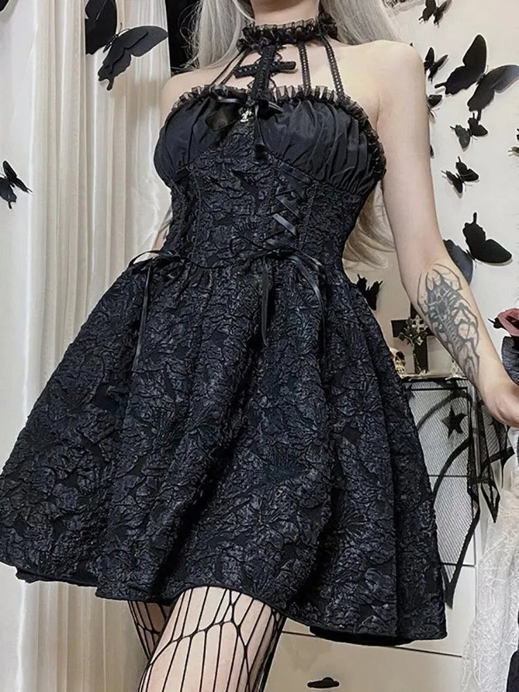 Elegant Ruched Bandage Club Dress Gothic Emo Jacquard A-line