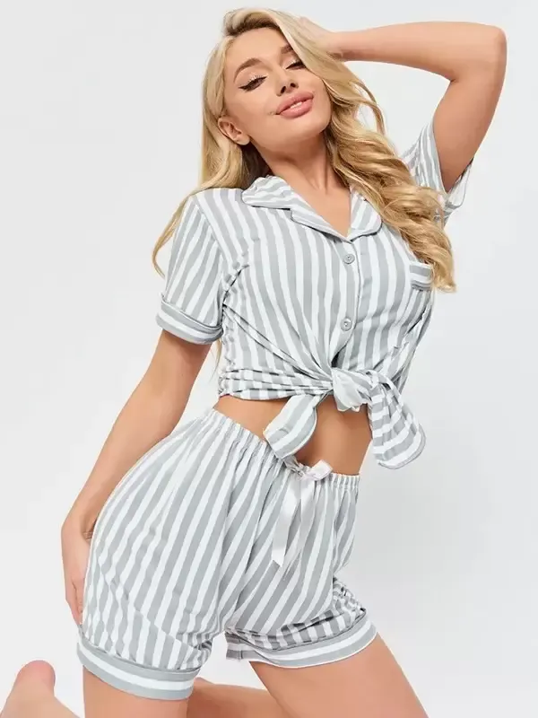 Gray Indoor Striped Lingerie Pajama Sets