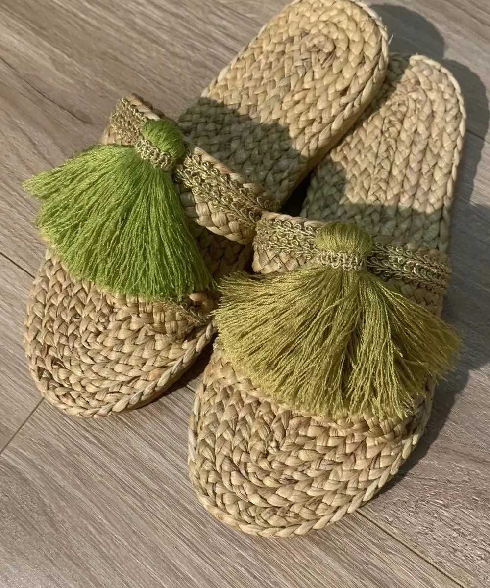 Green Handmade Tassel Beach Slide Sandals