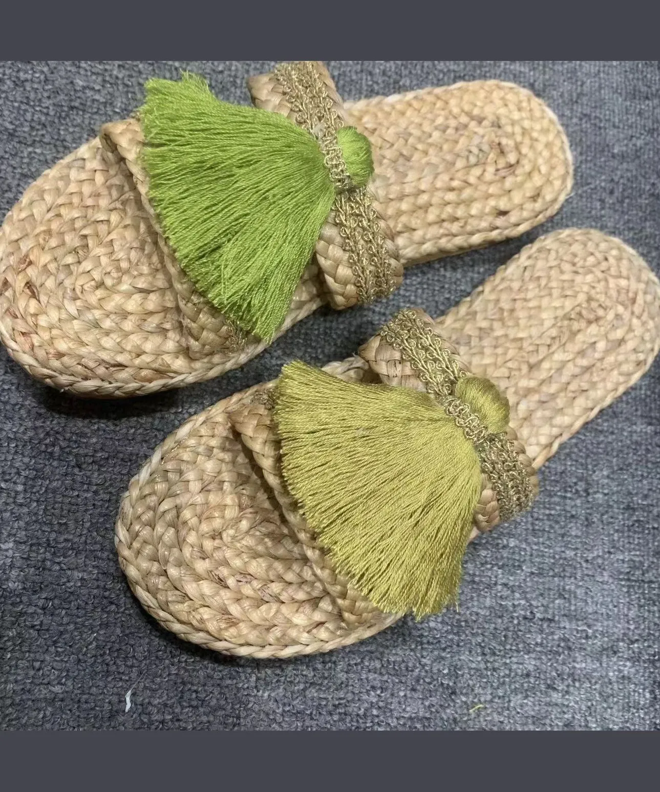 Green Handmade Tassel Beach Slide Sandals