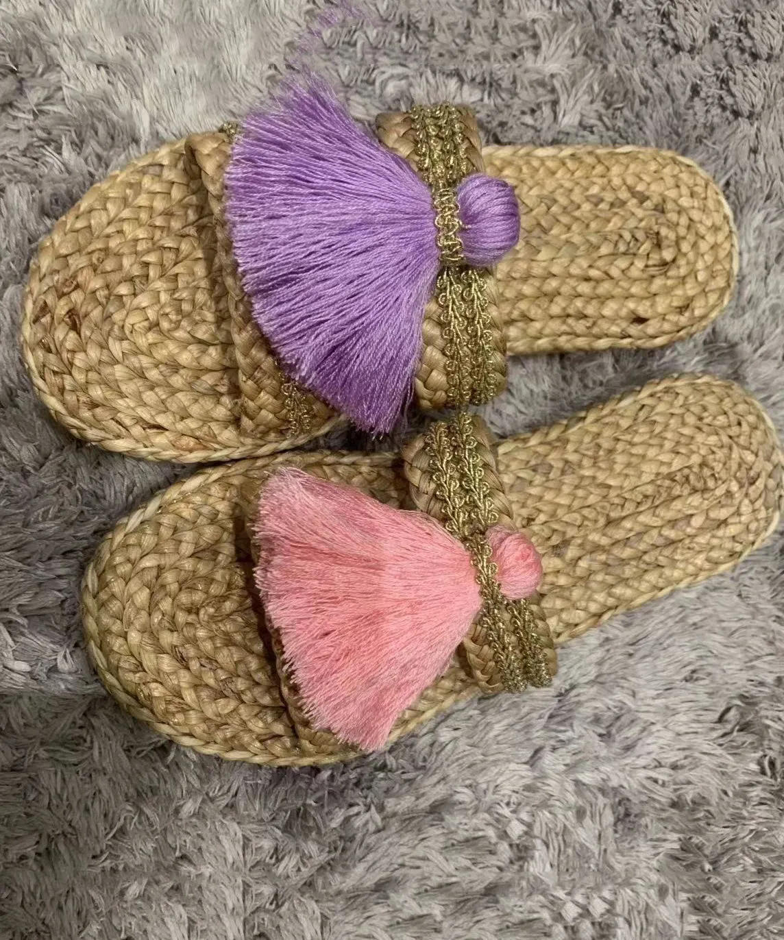 Green Handmade Tassel Beach Slide Sandals