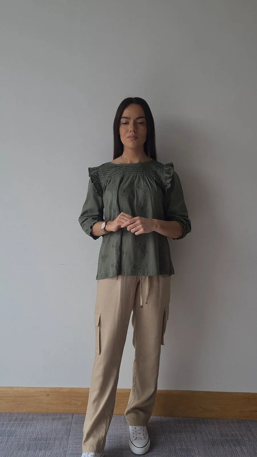 Green Pleat Yoke Ruffle Top