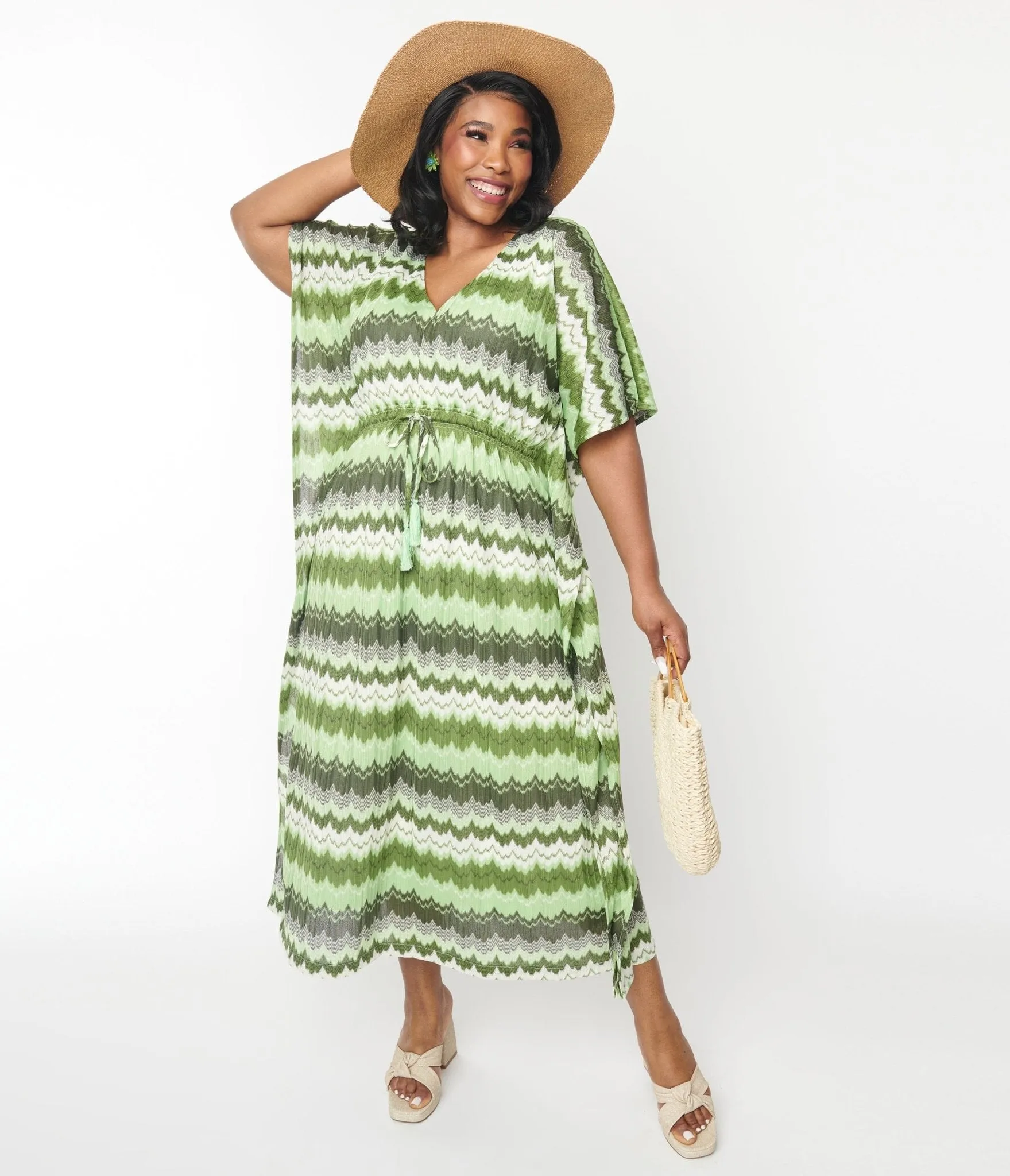 Vintage Green Zig Zag Striped Caftan from the 1970s