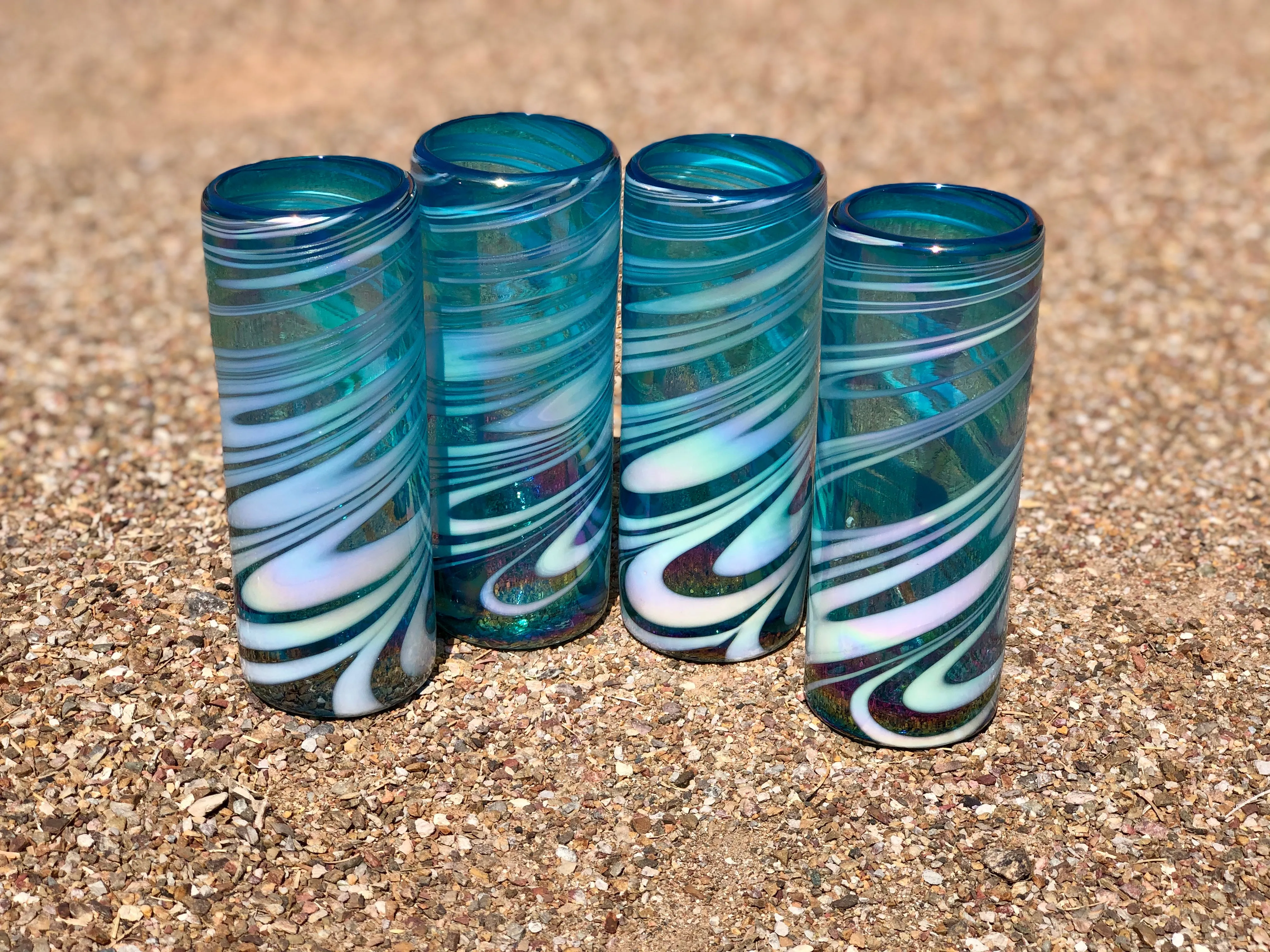 Set of 4 Hi Ball or Tom Collins glasses handcrafted in Striped Turquoise glass