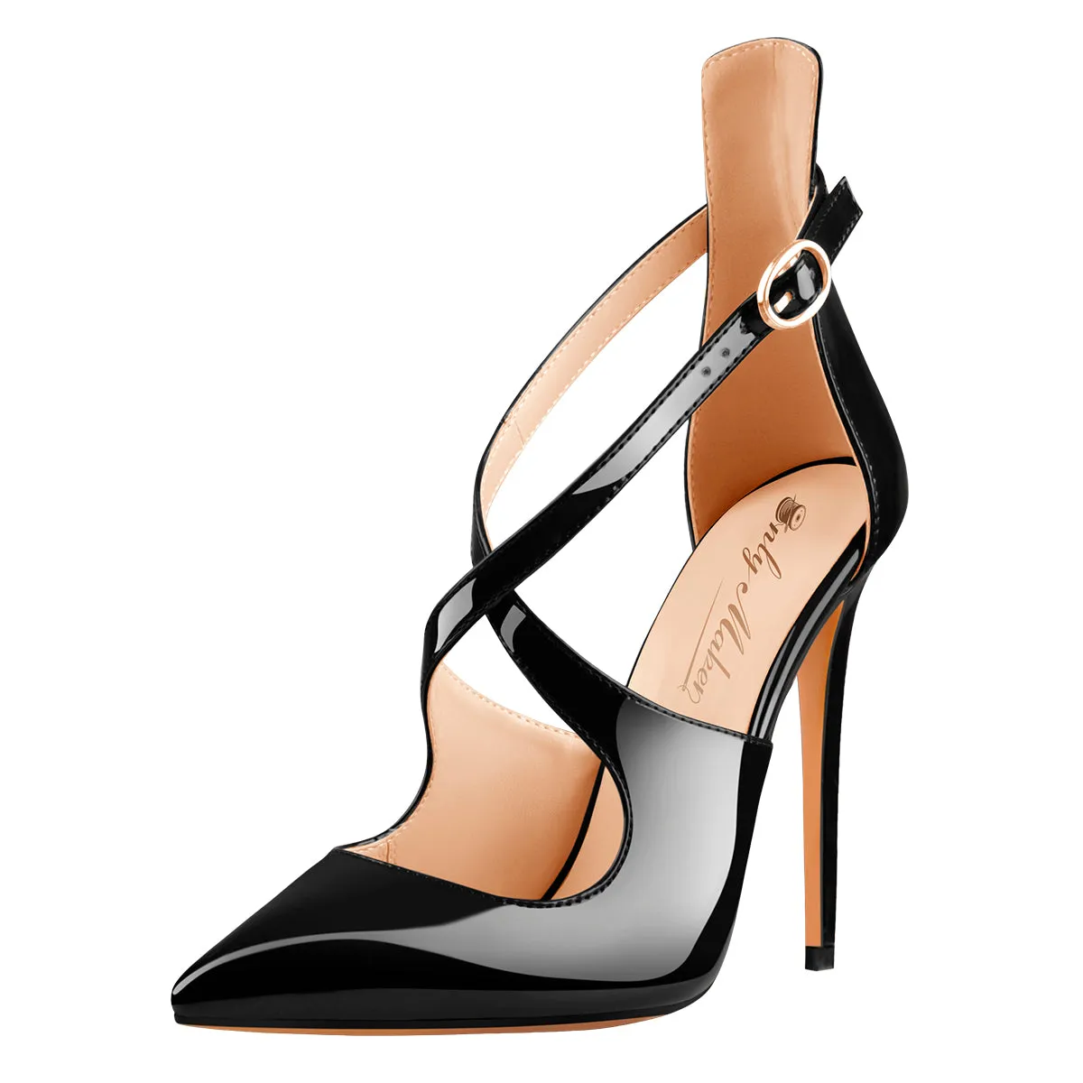 Black Patent Leather High Heel Pumps with Cross Strap