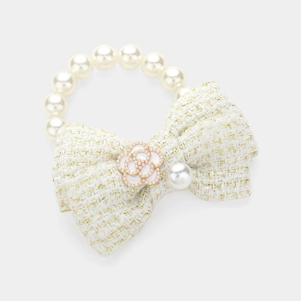 Enamel Flower Pearl Tweed Bow Bracelet Hair Band