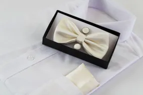 Ivory Bow Tie Pocket Square Cuff Links Set