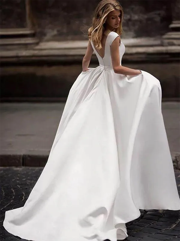 Long Ivory Satin Wedding Dress with Pockets