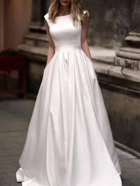 Long Ivory Satin Wedding Dress with Pockets