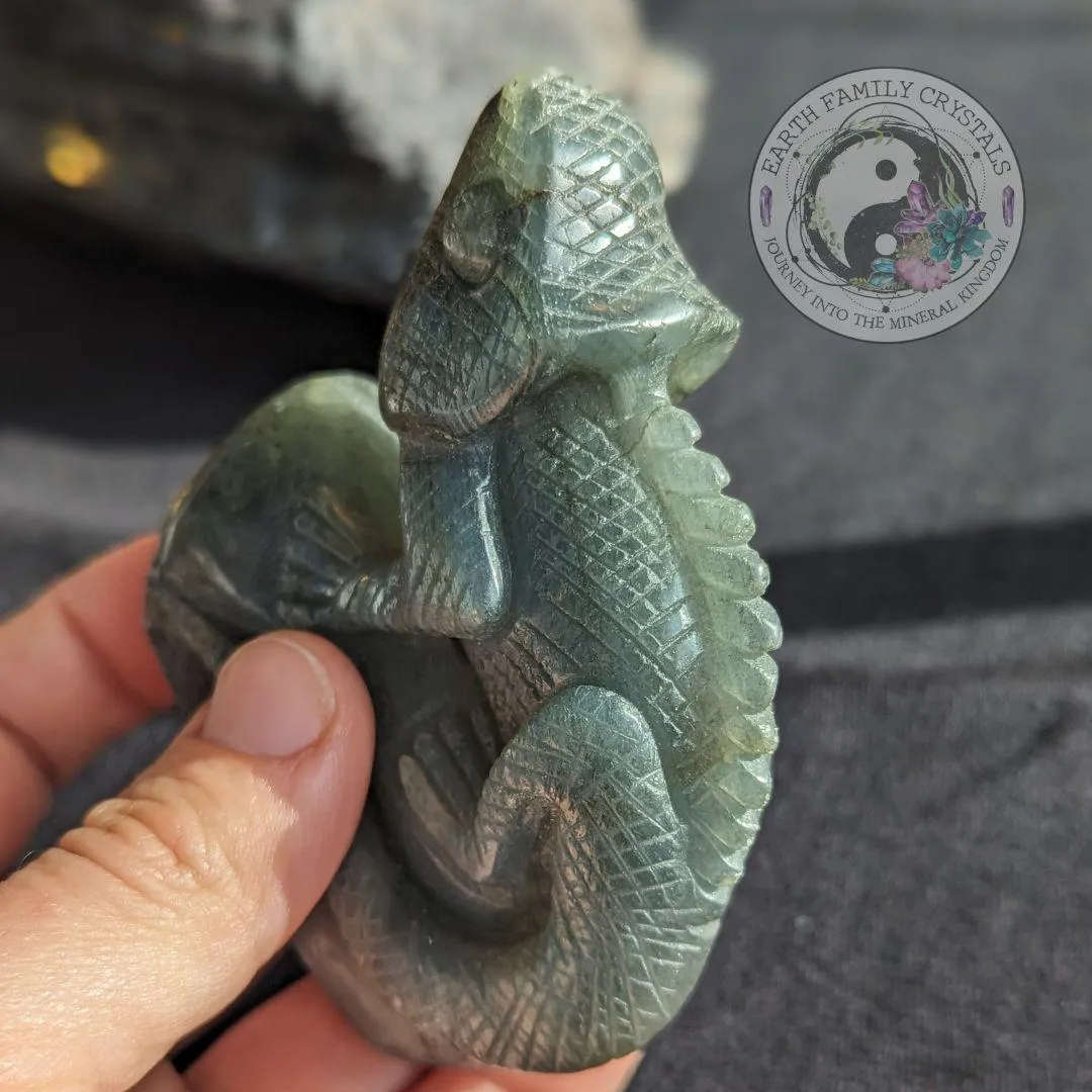 Flashy Labradorite Iguana Carving